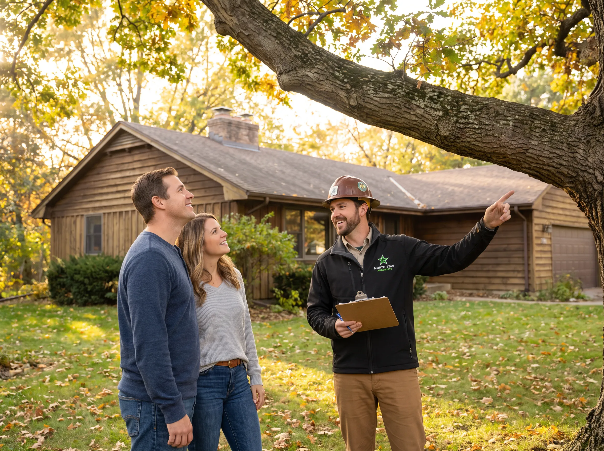 NorthStar consultant reviewing a tree-care plan with homeowners in their yard