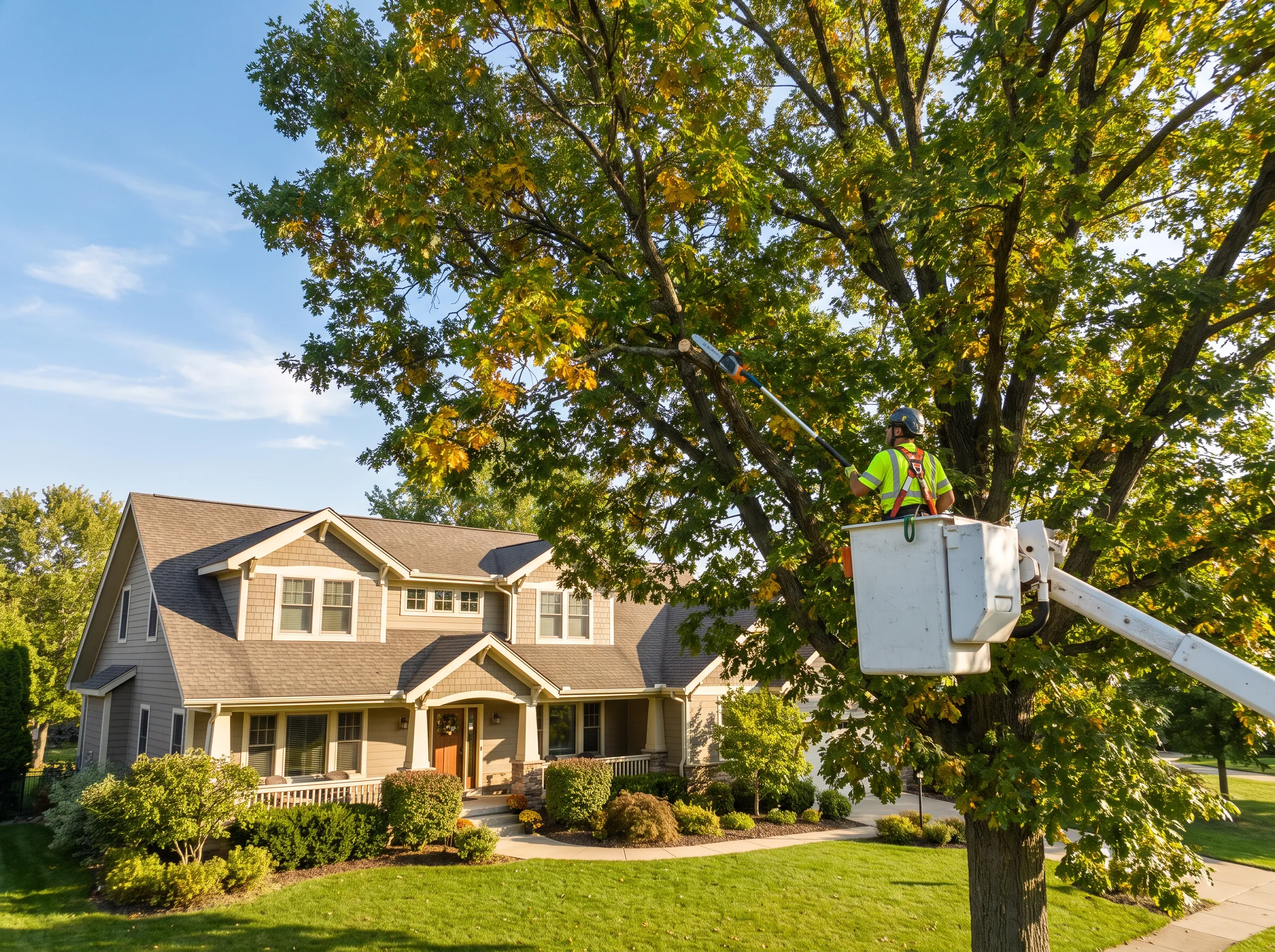 Arborist pruning a large oak tree above a suburban Twin Cities home