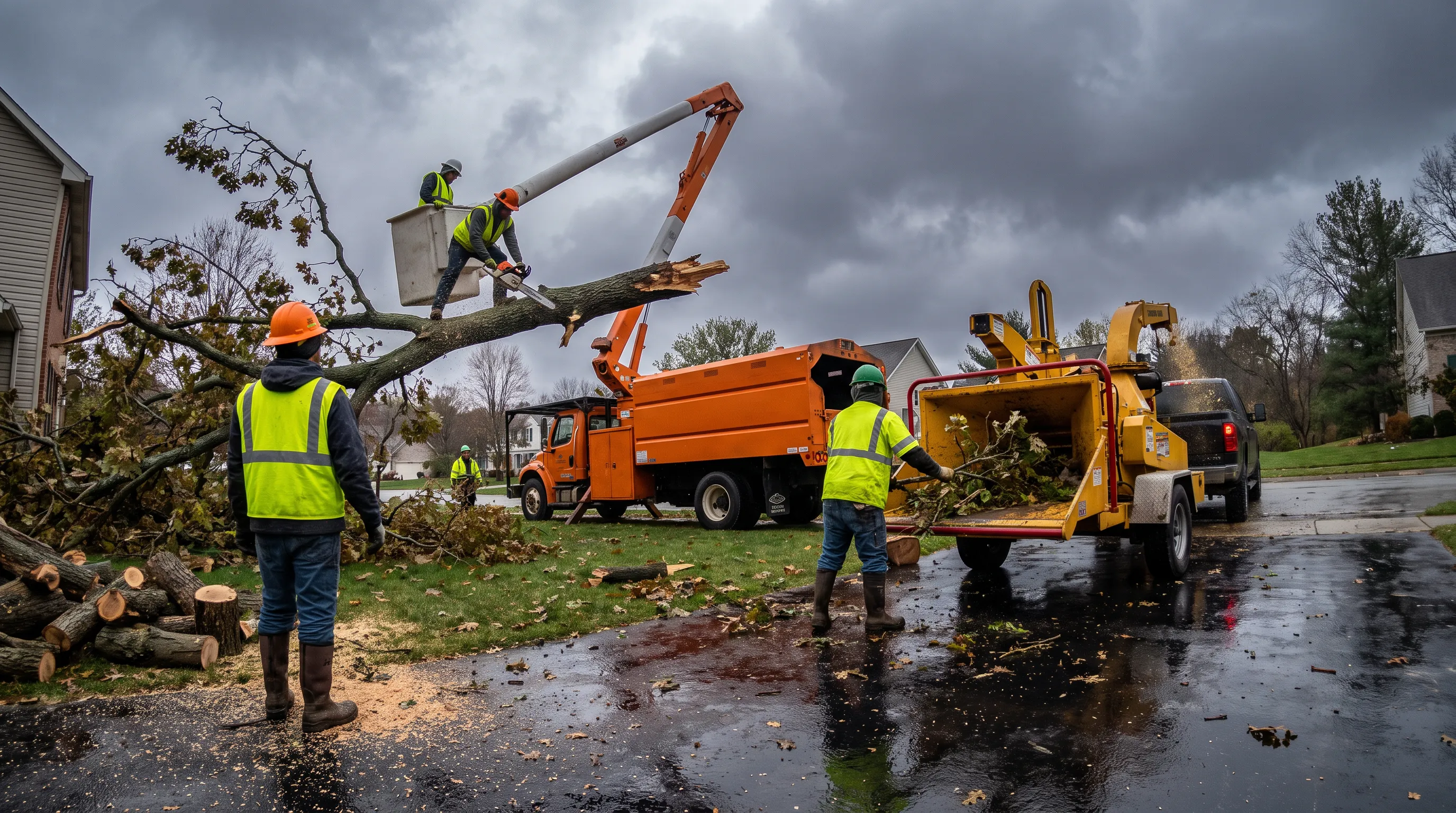 NorthStar storm cleanup crew clearing a downed tree with a bucket truck and chipper